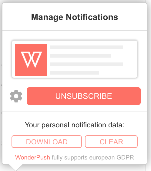 A screenshot of WonderPush's bell subscription widget that lets subscribers manage their personal data