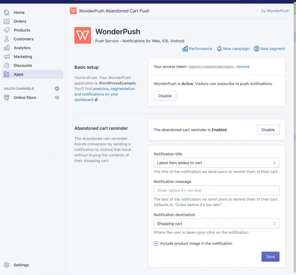 Screenshot of the WonderPush Shopify app with abandoned cart reminder settings.
